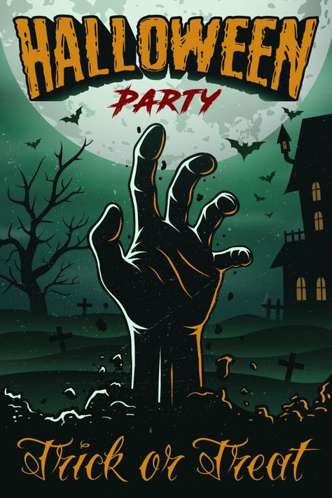 Halloween party poster with zombie hand,... | Premium Vector #Freepik #vector #flyer #vintage #tree #abstract Graveyard Landscape, Foggy Graveyard, Modern Halloween Decor, Halloween Party Poster, Vintage Halloween Party, Halloween Logo, Carte Halloween, House Tree, Halloween Coloring Book
