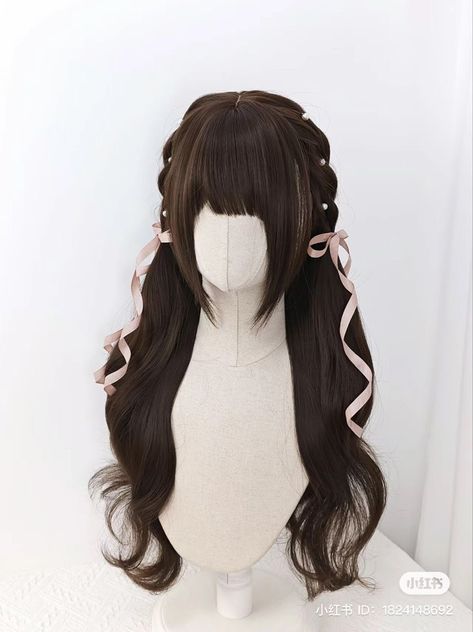 Aesthetic Ribbon, Ribbon Hairstyles, Harajuku Hair, Anime Brown Hair, Straight Wavy Hair, Kawaii Wigs, Gorgeous Hairstyles, Kpop Hair, Ribbon Hairstyle