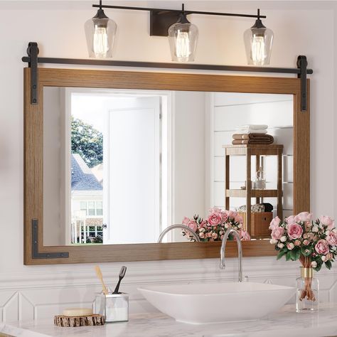 Large Black Mirror Bathroom, Round Wood Framed Mirror Bathroom, Wooden Frame Mirror Bathroom, Farmhouse Mirrors For Bathroom, Bathroom Mirrors Over Double Sinks, Bathroom Vanity And Mirror Ideas, Big Mirror Bathroom, Rustic Bathroom Mirror Ideas, Ranch Style Bathroom