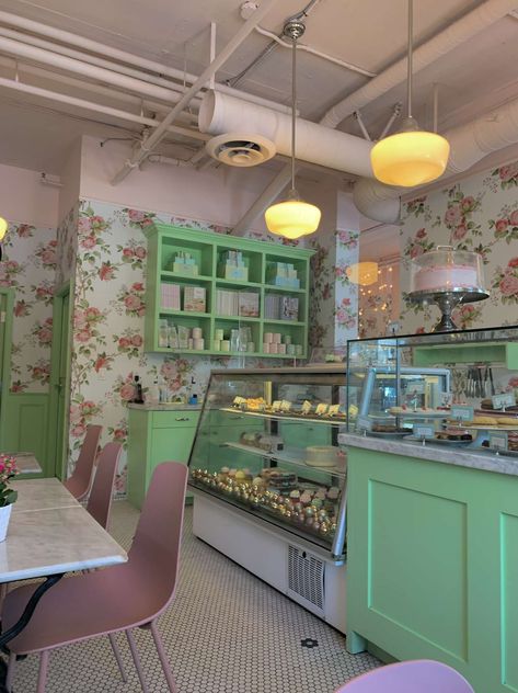 Pink And Green Bakery, Green Bakery Aesthetic, Tiana Core, Cupcake Shop Interior, Green Bakery, Floral Cafe, Waffle Shop, Paris Bakery, Vintage Coffee Shops