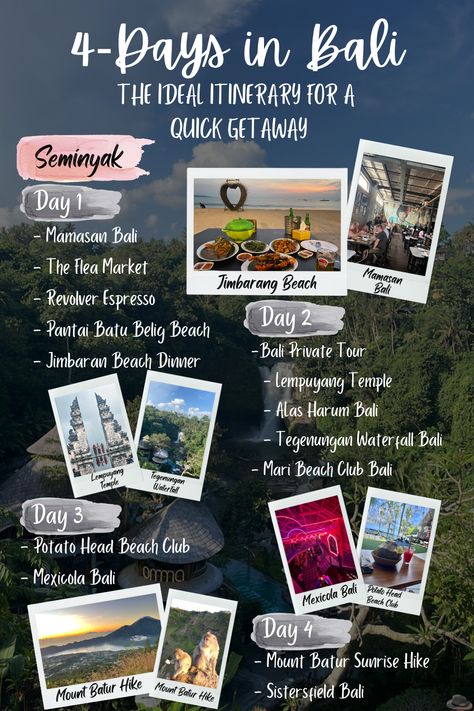 A full Bali itinerary for 4 days. Detailed information on what to do, where to stay and eat when 4 days in Bali, the Land of the Gods, in Indonesia 😍 🇮🇩 Thailand And Bali Itinerary, Bali Travel Route, Bali 4 Days Itinerary, Bali To Do List, Bali Itenary 5 Days, Bali Indonesia Itinerary, Bali 10 Day Itinerary, Bali Itinerary 3 Days, What To Do In Bali