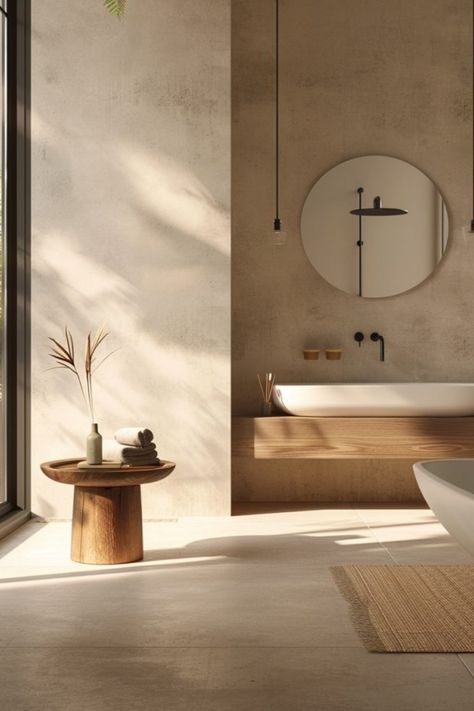 Minimalist bathroom with freestanding bathtub, round mirror, wooden side table, and large window letting in natural light. Minimalist Spa Bathroom, Neutral Aesthetic Interior, California Organic Modern, Minimalist Organic Design, Neutral Minimalist Bathroom, Natural Color Bathroom Ideas, Mediterranean Modern Interior Design, Modern Japandi Bathroom, Minimalist Home Design Ideas