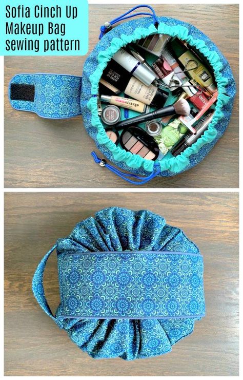 Makeup Bag sewing pattern. This cosmetics bag sewing pattern is such fun to sew and easy to make. It cinches up tight with a drawstring and a covering flap, then opens up wide for easy access to your makeup and toilettries. An easy bag to sew. Makeup Bag Sewing pattern. #EasySewingPattern #SewABag #BagSewingPattern #SewAMakeupBag #SewACosmeticBag #MakeupBagSewingPattern #CosmeticBagSewingPattern Free Makeup Bag Patterns To Sew, Sewn Makeup Bag Free Pattern, Repurposed Fabric Ideas, Sewing Patterns Makeup Bag, Diy Make Up Bags Free Pattern, 10 Minute Sewing Projects, Round Makeup Bag Diy, Cute And Easy Things To Sew, Sewing Pouches And Bags