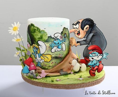 Smurfs cake by graziastellina Smurfs Cake, Painting Cake, Cake Designs For Kids, Hand Painted Cakes, Anniversaire Harry Potter, The Smurfs, Valentine Cake, Baby Birthday Cakes, Character Cakes