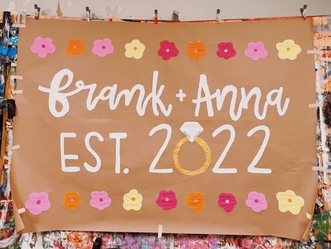 Butcher Paper Engagement Banner, Painted Banners Sorority, Bachelorette Banner Painted, Engagement Banner Ideas, 21st Banner, Gameday Banner, Diy Graduation Banner, Butcher Paper Banner, Flower Birthday Banner