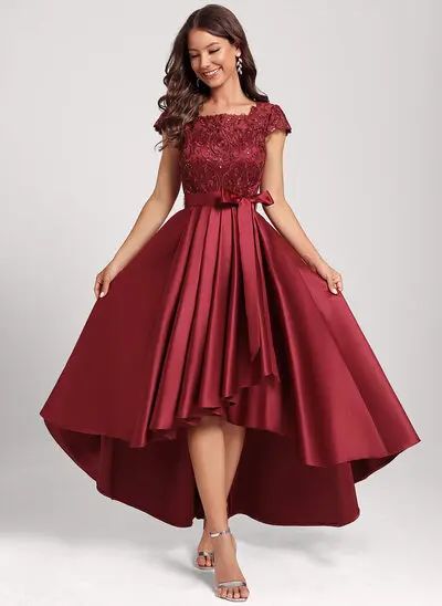 Satin Dresses With Lace, High Low Formal Dress, Aline Dress Formal Short, Red Knee Length Dress Formal, Hi Low Dress Formal, Aline Dresses For Women, Flare Satin Dress, Dress For Chubby Ladies, Girls Dresses For Wedding