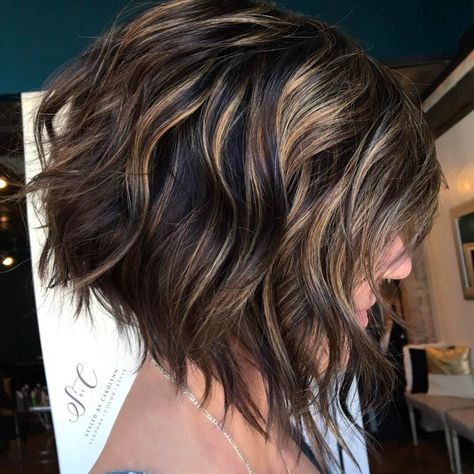 Angled Wavy Dark Chocolate Bob with Highlights Brown Hair Short Bob, Highlights Brown Hair Short, Highlights Bob, Highlights Brown Hair Balayage, Dark Chocolate Hair, Dark Chocolate Brown Hair, Brown Hair With Caramel Highlights, Inverted Bob Haircuts, Inverted Bob Hairstyles