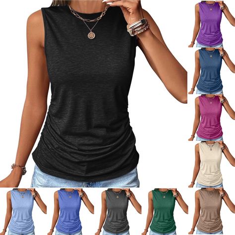 PRICES MAY VARY. Tank Top for Women-Material:Tank tops made of 60%Polyester,5%Spandex,35%Cottonhigh quality material, ruched design, medium stretch soft, skin-friendly and breathable,comfortable to wear. Womens Tank Top-Features: stretch knit fabric, round neck, high neck, solid color, loose fit. Sleeveless camisole for summer, casual and fashionable, must have tank top for fashionable women. Tank Top for Women 2024-Match: Pair with jeans, leggings, shorts, and loafers for a casual everyday look Loose Summer Tops, Casual Work Summer Outfits, Therapist Clothes, Basic Cute Outfits, Work Leggings, Dressy Summer Outfits, Cute White Tops, Office Clothes, Grandpa Style