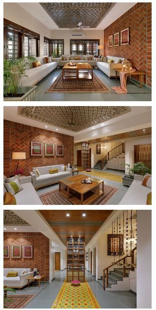 Kerala Style House Interior Design, Kerala House Interior Ideas, Kerala Interior Design Living Rooms, Wada Style Interior, Traditional Interiors Living Room, Traditional House Design Interior, Kerala Style Interior Design, Brick Wall Interior Living Room Modern, Traditional Indian Living Room Design