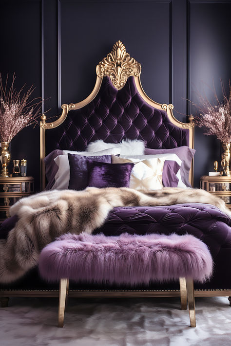 Glam Boho Bedroom. The luxurious blend of deep purples, metallic golds, and crisp whites creates a stylish retreat that's perfect for relaxation. Rose Gold And Purple Bedroom, Gold And Purple Bedroom Ideas, Purple Glam Bedroom Ideas, Black Purple And Gold Bedroom, Dark Purple And White Bedroom, Purple And Gold Bedroom Ideas For Women, Purple And Rose Gold Bedroom, Blue And Purple Bedroom Decor, Purple And Gold Room Ideas