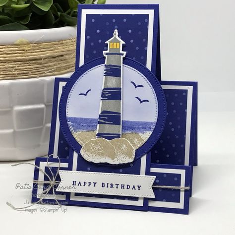 Lighthouse Stampin Up Cards, Lighthouse Christmas Cards, Greeting Cards For Men Handmade, Stampin Up Lighthouse Point Cards, Lighthouse Point Stampin Up Cards, Stampin Up Lighthouse Point, Stampin Up Lighthouse, Faux Step Card, Cards For Men Handmade