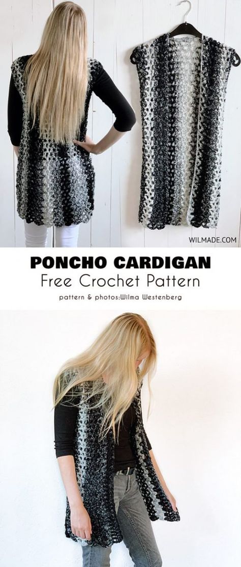 Poncho Cardigan Free Crochet Pattern Crochet Waistcoat Pattern Free, Free Crochet Vest Patterns, Crochet Vest Pattern Free Woman, Crochet Vest Pattern Free Easy, Crochet Vest Patterns, Crochet Vest Outfit, Cardigan Free Crochet Pattern, Crochet Vest Pattern Free, Crochet Waistcoat