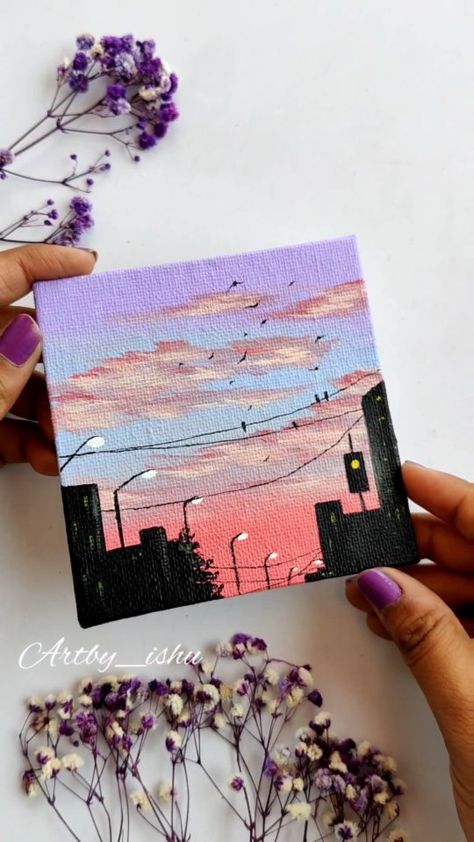 8 X 8 Canvas Painting, Easy Painting For Small Canvas, Cityscape Mini Painting, Sunset Painting Mini Canvas, Small Painting Acrylic, Small Mini Canvas Paintings, Mini Canvas Art Sky, Painting Ideas Cityscape, Painting Ideas On Big Canvas For Beginners