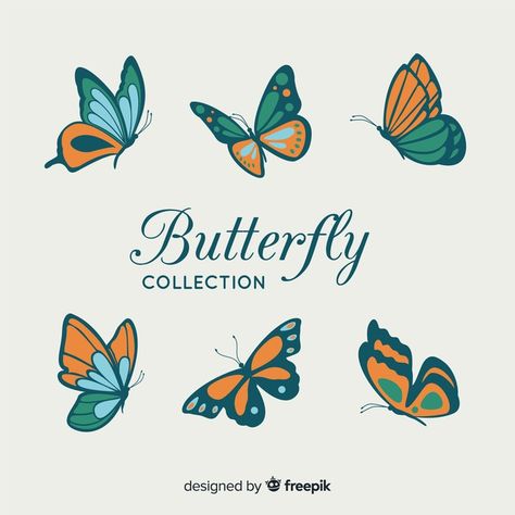 Flat butterfly collection | Free Vector #Freepik #freevector #freedesign #freegreen #freenature #freeblue Gouache Tutorial, Butterfly Project, Butterfly Collection, Quirky Illustration, Butterfly Logo, Butterfly Illustration, Digital Texture, Butterfly Graphic, Childrens Books Illustrations