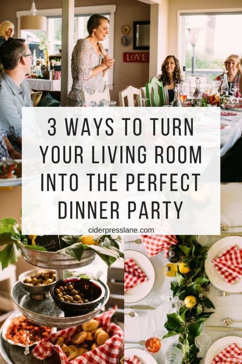 If you've ever felt like you wouldn't be able to host because of your home let me help you out! Any home can host with the right steps. Here are 3 ways to turn your living room into the perfect dinner party! #dinnerparty #hosting #hostingtips #cookingforgroups #hostingdinner #livingroomspace #homehostingtips #perfectdinnerparty #hostaparty #throwaparty #grouphosting Hosting Large Dinner Party, Dinner Party For 15 People, Essen, Canapés, In Home Dinner Party, Dinner Party In Living Room, Hosting A Work Party At Home, House Party Menu Ideas, Decorating With Napkins