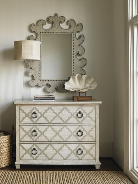 Designer vertical mirror featuring unique cutouts and nailhead trim pattern. #LHBDesign Vertical Mirror, Hall Chest, High Point Furniture Market, Lexington Furniture, Lexington Home, 9 Drawer Dresser, 3 Drawer Dresser, Oyster Bay, Accent Chest