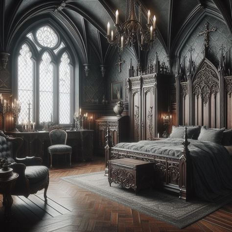 Gothic Bedroom Dark Wood Furniture Black Victorian Bedroom, Gothic Mansion Interior, Dark Victorian Bedroom, Victorian Gothic Bedroom, Gothic Room Ideas, Gothic Bedroom Ideas, Medieval Bedroom, Gothic Interior Design, Victorian Gothic Decor