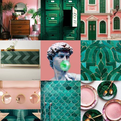 This week's mid week colour palette is all things emerald green, with a dash of pink. The rich and jewel toned emerald green is quite refreshing yet bold at the same time. And when used alongside a pink, it can make for an interesting contrast. • • #colourtheory #colour #palette #midweek #moodboard #colourboard #interiorinspo #interiordecoration #interiordesign #emerald #green #jeweltones #rich #colours #pink #hues #modern #designidea #colourplay #michelangelo #hipster #david Jewel Tone Mood Board, Peace Cleric, Emerald Green Palette, Emerald Green Color Palette, Merch Shoot, Hallway Stairs And Landing, Emerald Green Paint, Hot Pink Room, Blue Color Pallet