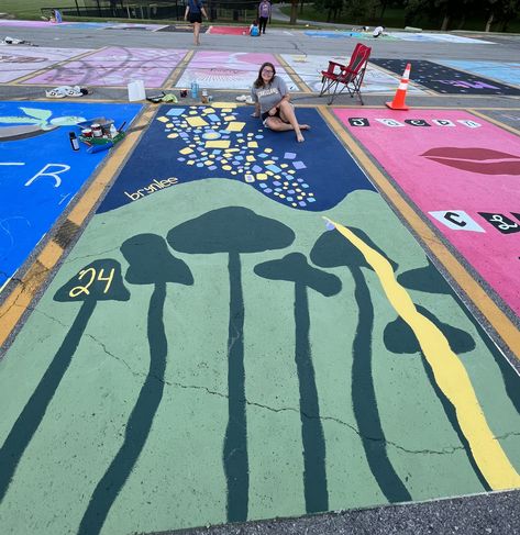 tangled mural senior parking spot Ska, Senior Parking Spaces Theatre, Tangled Parking Spot Painting, Senior Parking Spaces Tangled, Senior Parking Spot Disney, Senior Mural Ideas High Schools, Rapunzel Senior Parking Spot, Disney Parking Spots, Simple Senior Parking Spots