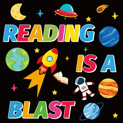 PRICES MAY VARY. Package Includes: You will receive 215pcs space theme educational “reading is a blast” bulletin board set posters includes over 190pcs galaxy reading bulletin board cutouts and enough adhesive dots. This outer space reading corner bulletin board decoration set is a must-have to remind students read books in the classroom. Rich in Content: Our outer space theme"reading is a blast" positive posters feature a rich and informative design that helps to foster curiosity, positive atti Space Classroom Display, Classroom Themes Space, Space Library Theme, Cute Bulletin Boards For Classroom, Space Themed Bulletin Boards, Back To School Library Bulletin Boards, Space Bulletin Board Ideas, Reading Posters For Classroom, Space Classroom Theme