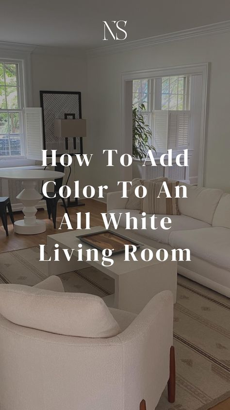 White Room With Dark Wood Furniture, Ivory Furniture Living Room, Furniture For White Living Room, White Leather Couches Living Room, Adding Color To White Living Room, Cream Living Rooms Ideas, White Wall Interior Living Room, Antique White Walls Living Room, White Living Rooms With Pops Of Color