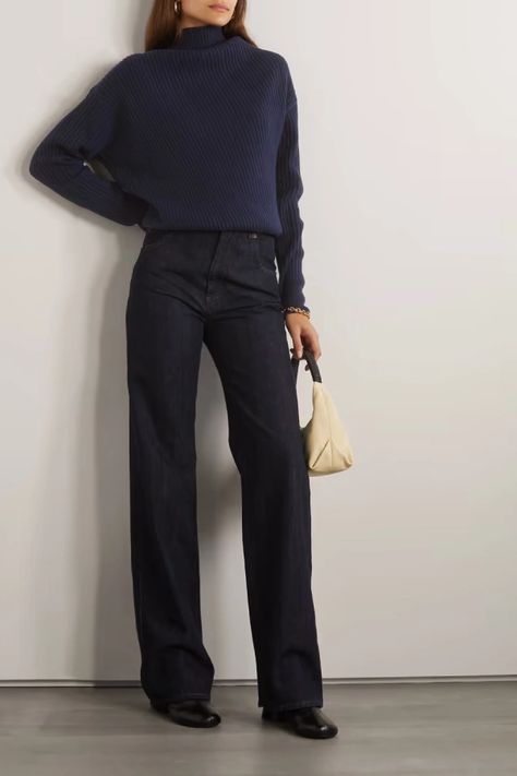 Navy Formal Outfit, Black And Navy Blue Outfit, Navy Blue Sweater Outfit, Jeans And Sweater Outfit, Blue Sweater Outfit, Turtleneck Outfits, Stylish Sweaters, Looks Black, Cashmere Turtleneck