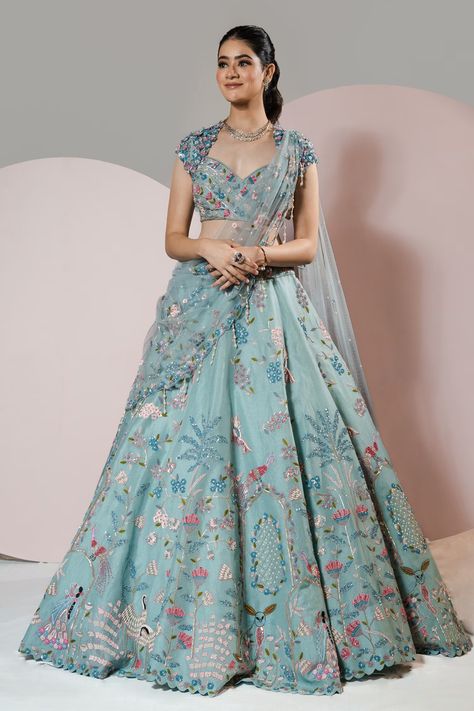 Shop for these amazing collections of Blue Organza Hand Embroidery Floral Resham Lehenga With Blouse For Women by Sonia Bansal online at Aza Fashions. Pastel Blue Lehenga, Haldi Dress Ideas, Lehenga With Blouse, Shadi Dresses, Blue Organza, Floral Lehenga, Draping Fashion, Fancy Dresses Long, Indian Dresses Traditional