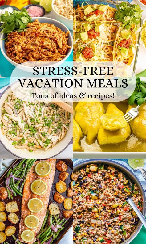 This collection of easy vacation meals - including ideas and recipes - will help you plan and enjoy delicious, fuss-free, family friendly meals that require minimal ingredients and zero stress. Trip Meals Ideas, Vacation Recipes For A Crowd, Vacation Cooking Meal Planning, Easy Vacation Meals For A Crowd, Vacation Meals For Family, Meals To Make On Vacation Families, Easy Meals For Vacation At The Beach, Easy Beach Dinners Families, Easy Airbnb Dinners