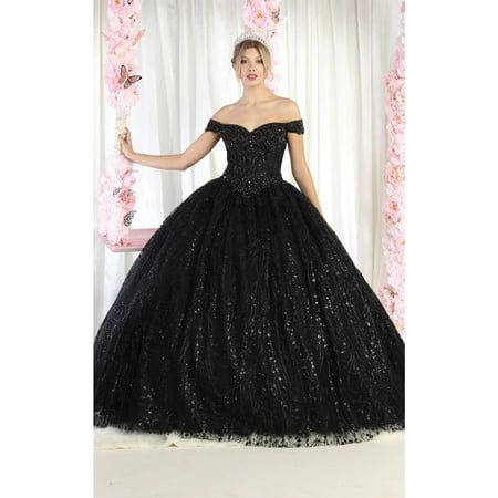 Please read description in full & check all of our images before ordering: This Listing is for a Brand New Juniors Womens Formal Ball Quinceanera Gown And Plus Size Most Models are wearing a 4/6 or XS/S & they are about 5'10-6' with heels. Make your grand entrance at your quinceanera formal event wearing this beautiful off the shoulder, corset back lace up ball gown. There is so much to love about this dress. With embellishment on both the front and back, intricately beaded, lace appliques, and Fancy Black Dress, Floral Ball Gown, Off Shoulder Ball Gown, Bling Dress, Glitter Ball, Gown Skirt, Prom Ball Gown, Bridal Shower Dress, Plus Size Formal Dresses