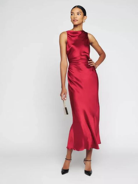 Cowl Neck Satin Midi Dress, Silk Dress Wedding Guest Outfit, Pleated Satin Dress, Winter Wedding Guest Dress, Winter Wedding Guests, Satin Evening Dresses, Burgundy Bridesmaid Dresses, Guest Attire, Reformation Dress