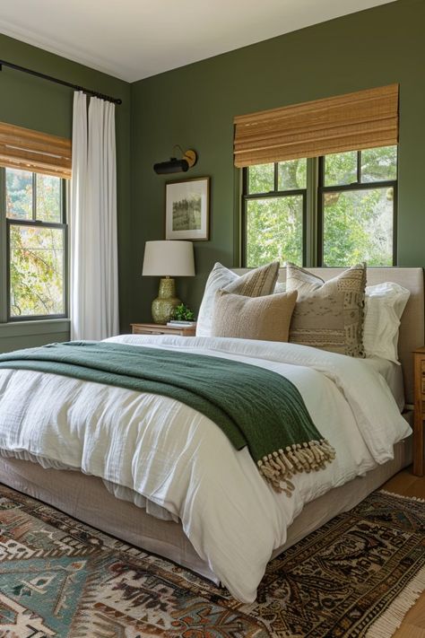 70+ Cozy Earthy Bedroom Ideas With Natural Elegance Green Brown White Bedroom, Bedroom Ideas Green And White, Wood And Green Bedroom, Green Comforter Bedroom Ideas, Evergreen Bedroom, Earthy Bedroom Decor, Screen Flowers, Cozy Earthy Bedroom, Earthy Bedroom Ideas