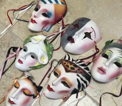 The Mime + Mardi Gras + harlequin aesthetic. Vintage 80's Porcelain masks Porcelain Clown Mask, Harlequin Aesthetic, Mime Aesthetic, Harlequin Masks, Jester Aesthetic, Porcelain Doll Aesthetic, Porcelain Mask, Harlequin Mask, Jester Mask
