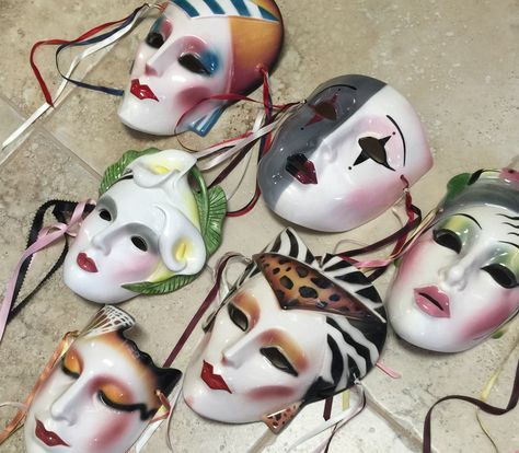 The Mime + Mardi Gras + harlequin aesthetic. Vintage 80's Porcelain masks Vintage Clown Masks, Porcelain Clown Mask, Harlequin Aesthetic, Mime Aesthetic, Harlequin Masks, Jester Aesthetic, Clown Masks, Porcelain Mask, Harlequin Mask