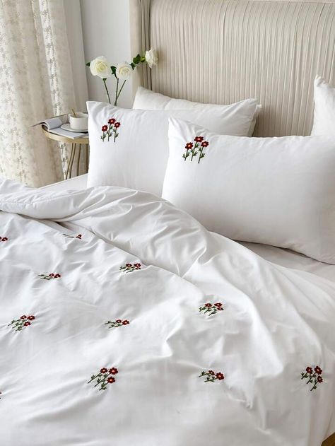 Floral Embroidered Duvet Cover Set Without Filler | SHEIN USA Embroidery Bedsheets Design, Embroidered Bedsheets, Hand Embroidery Bedsheet, Embroidery Bedsheet, Embroidered Duvet Cover, Designer Bed Sheets, Designer Bed, Hand Embroidery Designs, Duvet Cover Set