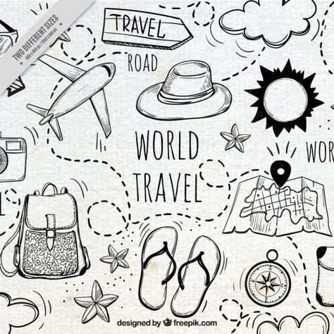 More than a million free vectors, PSD, photos and free icons. Exclusive freebies and all graphic resources that you need for your projects Travel Project Ideas, How To Make A Travel Journal, Travel Aesthetic Drawing, Travel Design Ideas, Traveling Doodles, Traveling Images, Earth Doodle, Travel Line Art, Travelling World