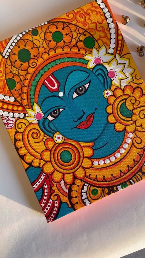 Simple Strokes by Shruti | Krishna in Kerala style inspired mural painting 🌼 Materials used: Acrylic on stretched canvas (10x8 inches) Paints… | Instagram Drawing To Do On Canvas, Krishna Drawing Acrylic, Madhubani Art Of Krishna, Lord Krishna Mural Painting, Kerela Murals Paintings Krishna, Indian Art And Culture Painting, Kerala Murals Paintings, Canvas Paintings Acrylic, Indian Madhubani Art