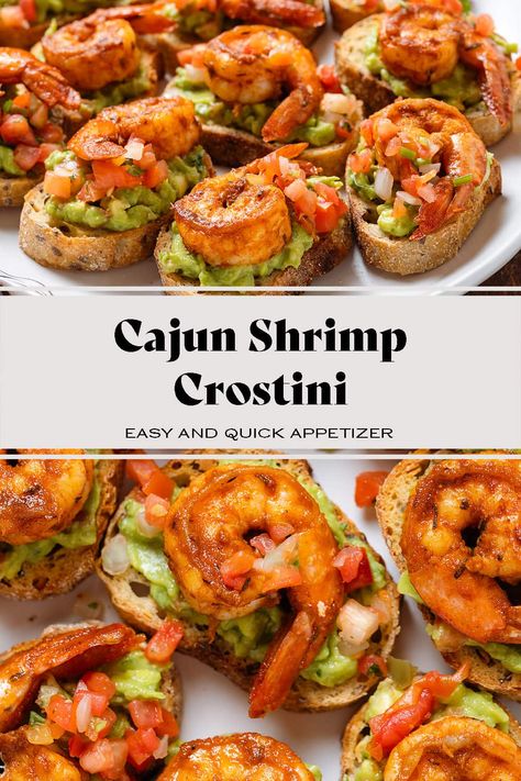 Cajun Shrimp Crostini Seafood Finger Food, Easy Fancy Appetizers, Shrimp Crostini, Spicy Cajun Shrimp, Party Finger Food, Toasted Baguette, Homemade Jerky, Crostini Appetizers, Whipped Goat Cheese