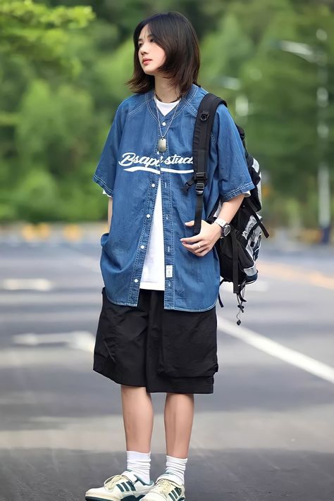 Summer Outfits Tomboy Casual, Outfit Inspirations Tomboy, Tomboyish Outfits Casual, Tomboy Summer Fashion, Summer Outfits For Tomboys, Tomboy Outfits For Summer, Blue Tomboy Outfits, Tomboy Summer Style, Urbancore Aesthetic Outfits