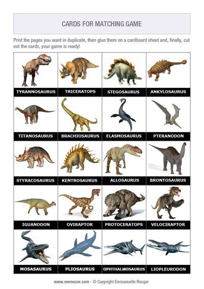 Printable Dinosaur names and pictures Dinosaur Chart With Names, Dinosaur Memory Game Free Printable, Dinosaur Names And Pictures, Dinosaurs Names And Pictures, Pictures Of Dinosaurs, Matching Games For Kids, Names Of Dinosaurs, Printable Matching Game, Animal Coverings