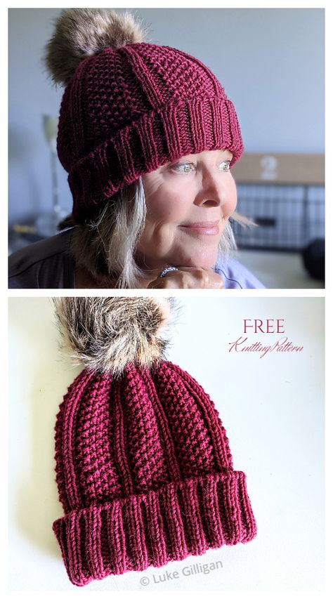 Seed Stitch Ribbed Hat Free Knitting Pattern - Knitting Pattern Knitted Hat Patterns Free Women, Seed Stitch Hat, Knitting Patterns Hats Women, Easy Knit Hat, Knit Caps, Beanie Knitting Patterns Free, Loop Knitting, Winter Knitting, Ribbed Hat