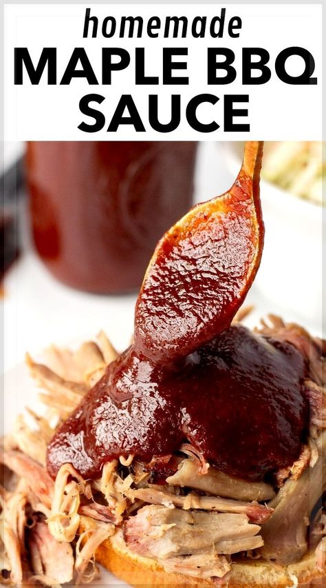 Create a batch of smoky sweetness with this homemade maple BBQ sauce! You can make grilling quick and flavorful with this maple-infused delight. This easy recipe brings the perfect balance of sweet & savory, ideal for brisket, chicken, meatballs, wings, pulled pork, and ribs. Discover more easy lunch and dinner recipes at hotpankitchen.com! Maple Bbq Sauce Recipe, Maple Bbq Sauce, Honey Bbq Sauce Recipe, Pulled Pork Sauce, Bbq Sauce Homemade Easy, Homemade Bbq Sauce Recipe, Rib Sauce, Sweet Bbq Sauce, Honey Bbq Sauce