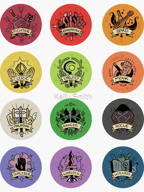 "Dungeons and Dragons Classes" Sticker by Kellbellz | Redbubble Dnd Crafts, Kelly Smith, Dnd Classes, Dungeons And Dragons Art, Elemental Magic, Dungeons And Dragons Classes, Writing Fantasy, Fantasy Props, Magic Symbols