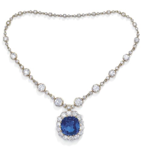 AN IMPORTANT ANTIQUE CEYLON SAPPHIRE AND DIAMOND PENDANT NECKLACE, 1890S. Cushion-shaped sapphire of 57.07 carats, old and cushion-shaped diamonds, 1890s, necklace 40.3 cm, detachable to wear as two bracelets, detachable pendant. Sapphire Diamond Necklace, Custom Birthstone Ring, Floating Diamond Necklace, Light Blue Sapphire, Diamond Pendent, Infinity Earrings, Blue Sapphire Necklace, Pendent Necklace, Valentines Necklace