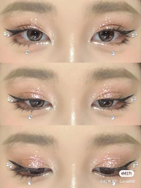 Soft Makeup With Rhinestones, Bow Eye Makeup, Make Up With Gems Rhinestones Eye Makeup, Makeup With Gems Rhinestones, Korean Glitter Eye Makeup, Ethereal Eye Makeup, Simple Rhinestone Makeup, Eye Makeup With Gems, Pink Glitter Makeup