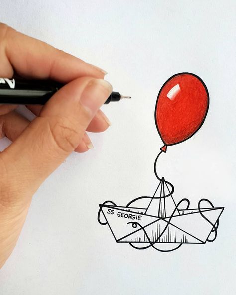 Georgie Paper Boat, It Boat Tattoo, Small Pennywise Tattoos, It Paper Boat Tattoo, It Inspired Tattoos, Pennywise Boat Tattoo, Red Balloon Tattoo Pennywise, Paper Boat Tattoo Small, Small Stephen King Tattoo