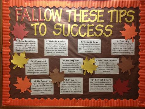 FALLow these Tips to Success Bulletin Board! Fall academic bulletin board Ra Bulletin Boards Academic Success, Academic Bulletin Boards, Dorm Bulletin Boards, Res Life Bulletin Boards, Ra Inspiration, Resident Assistant Bulletin Boards, October Bulletin Boards, November Bulletin Boards, College Bulletin Boards