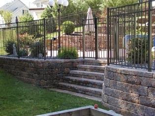 Pool Retaining Wall, Retaining Wall Fence, Steep Backyard, Patio Walls, Retaining Wall Patio, Fence Around Pool, Retaining Wall Steps, Outdoor Living Ideas, Wall Railing