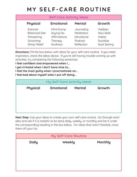 Self-care routine worksheet. A free printable worksheet to help you create a self care routine. Self care ideas for your body and mind that you can turn into a daily, weekly, and monthly self care routine. #printables #selfcare #selflove #freeprintable #selfcareroutine #selfcareroutineworksheet #selfcareworksheet Daily Self Care Routine Template, Self Care Mind Map, Organisation, Creating A Self Care Routine, Self Care Monthly Routine, Self Care Categories, Self Care Bujo Ideas, Self Help Printables Free, Self Care Check In