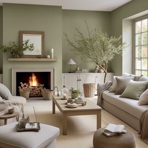 Green And White Lounge Ideas, Black And Sage Living Room Ideas, New Construction Living Room, Olive Green Interior Design Living Rooms, Grey And Sage Living Room, Sage Green Living Room Color Scheme, Sage Green And Grey Living Room, Living Room With Green Accents, Mixed Wood Tones