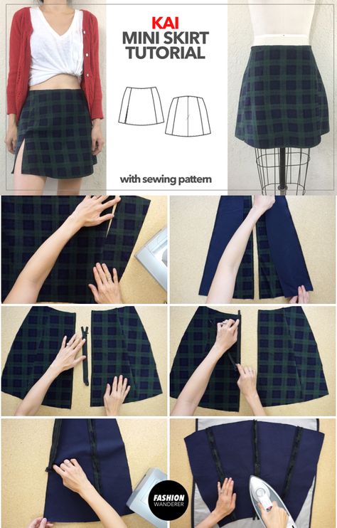 The high-waisted design offers a slim fit with a notched front hem and invisible zipper in the back. Here is a Kai mini skirt sewing pattern you can sew in a couple of hours to pair with a turtleneck tee or casual graphic tee to complete a street style back-to-school friendly outfit. Mini Skirt Tutorial, Mini Skirt Pattern, Projek Menjahit, Rok Mini, Diy Clothes Design, Idee Cosplay, Skirt Tutorial, Diy Skirt, Pola Sulam